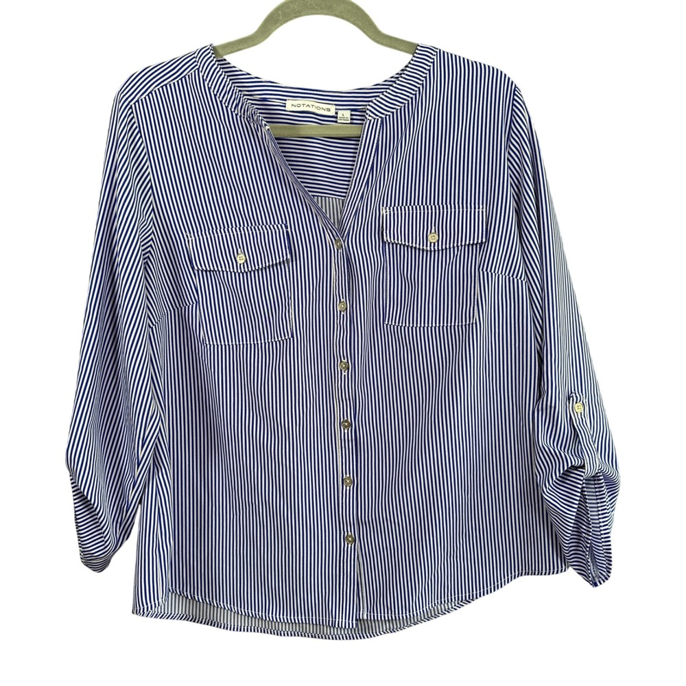 Notations Button Up Blouse Womens Large Blue White Striped Excellent Roll Tab L